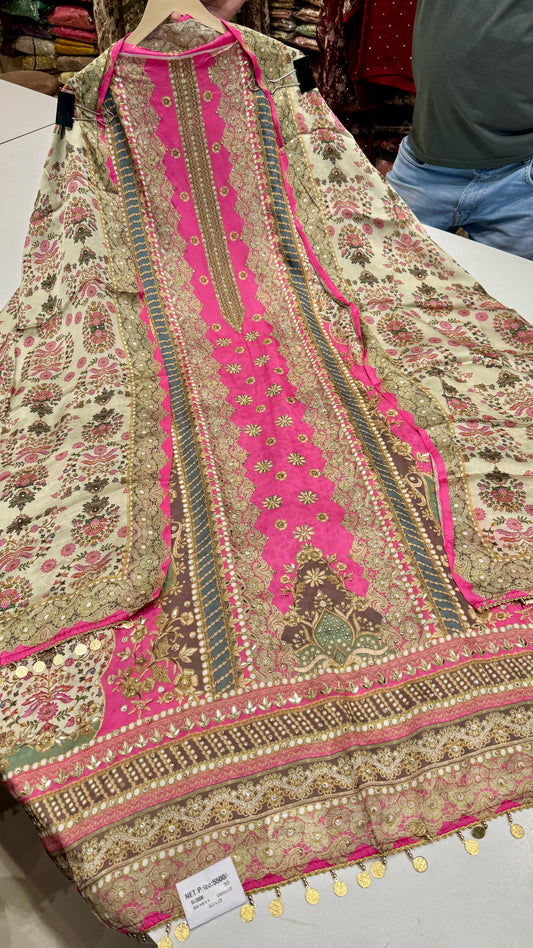 Luxury Pakistani Printed Unstitched Suit in Satin Silk with Zarkan Highlights