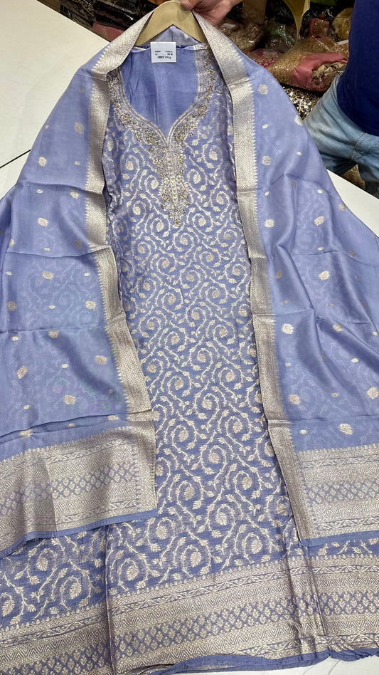 Elegant Banarasi Tissue Unstitched Suit with Dabka Handwork