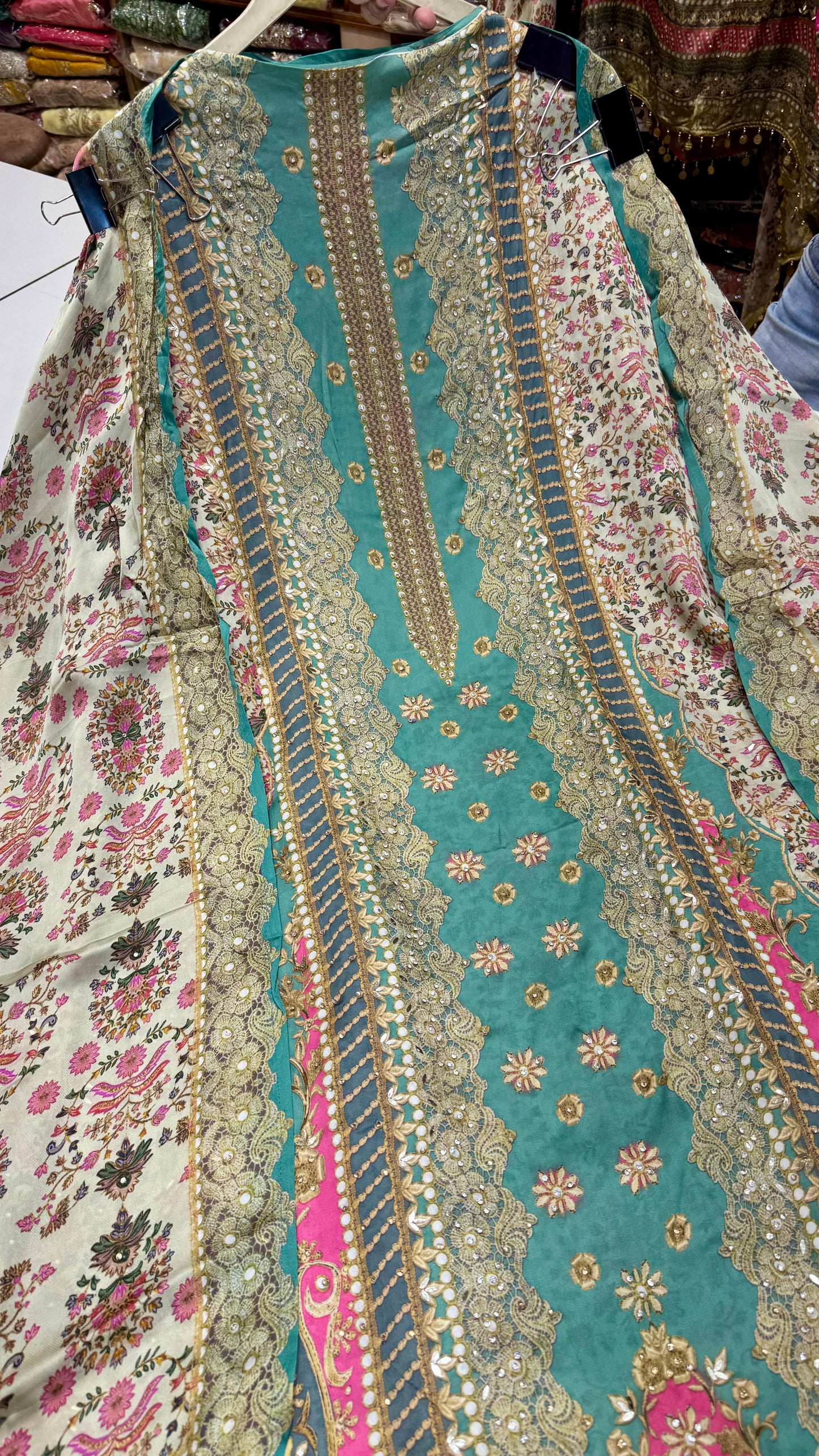 Luxury Pakistani Printed Unstitched Suit in Satin Silk with Zarkan Highlights