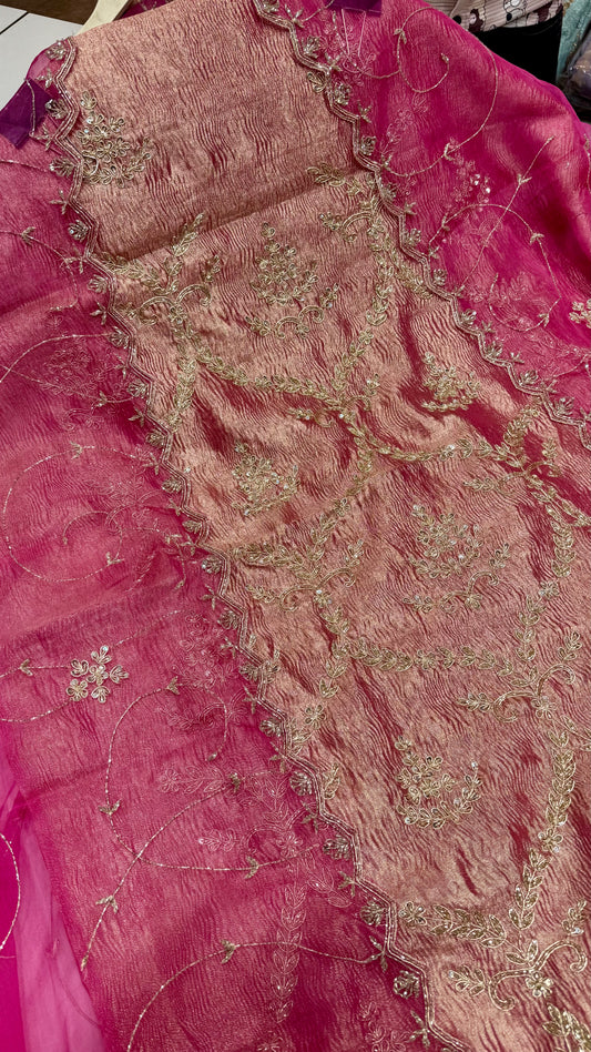 Luxury Rose Pink Pure Crush Tissue Unstitched Suit with Organza Dupatta