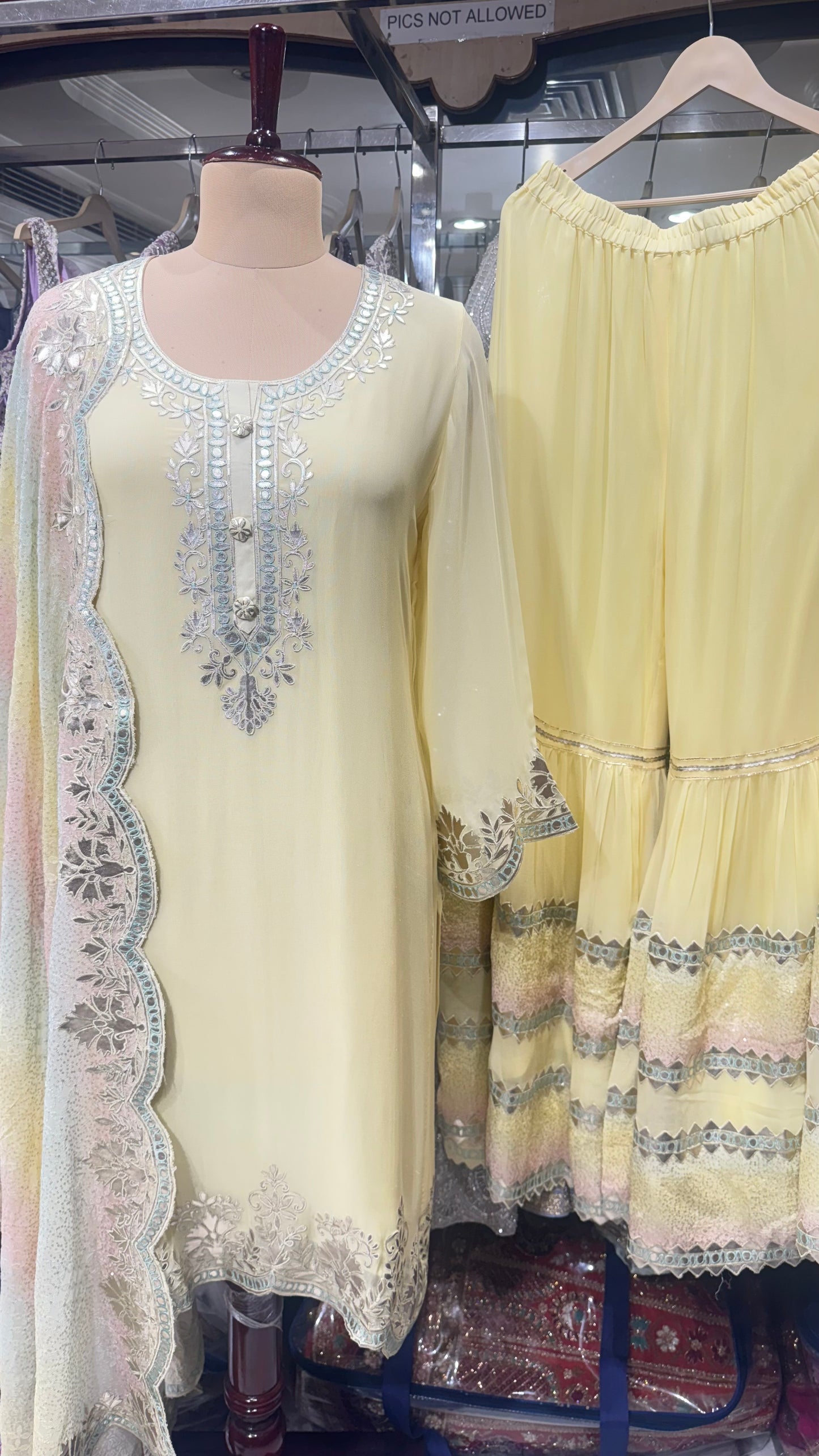 Pastel Yellow Gharara Suit with Leather Work & Multicolor Dupatta