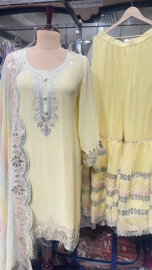 Pastel Yellow Gharara Suit with Leather Work & Multicolor Dupatta