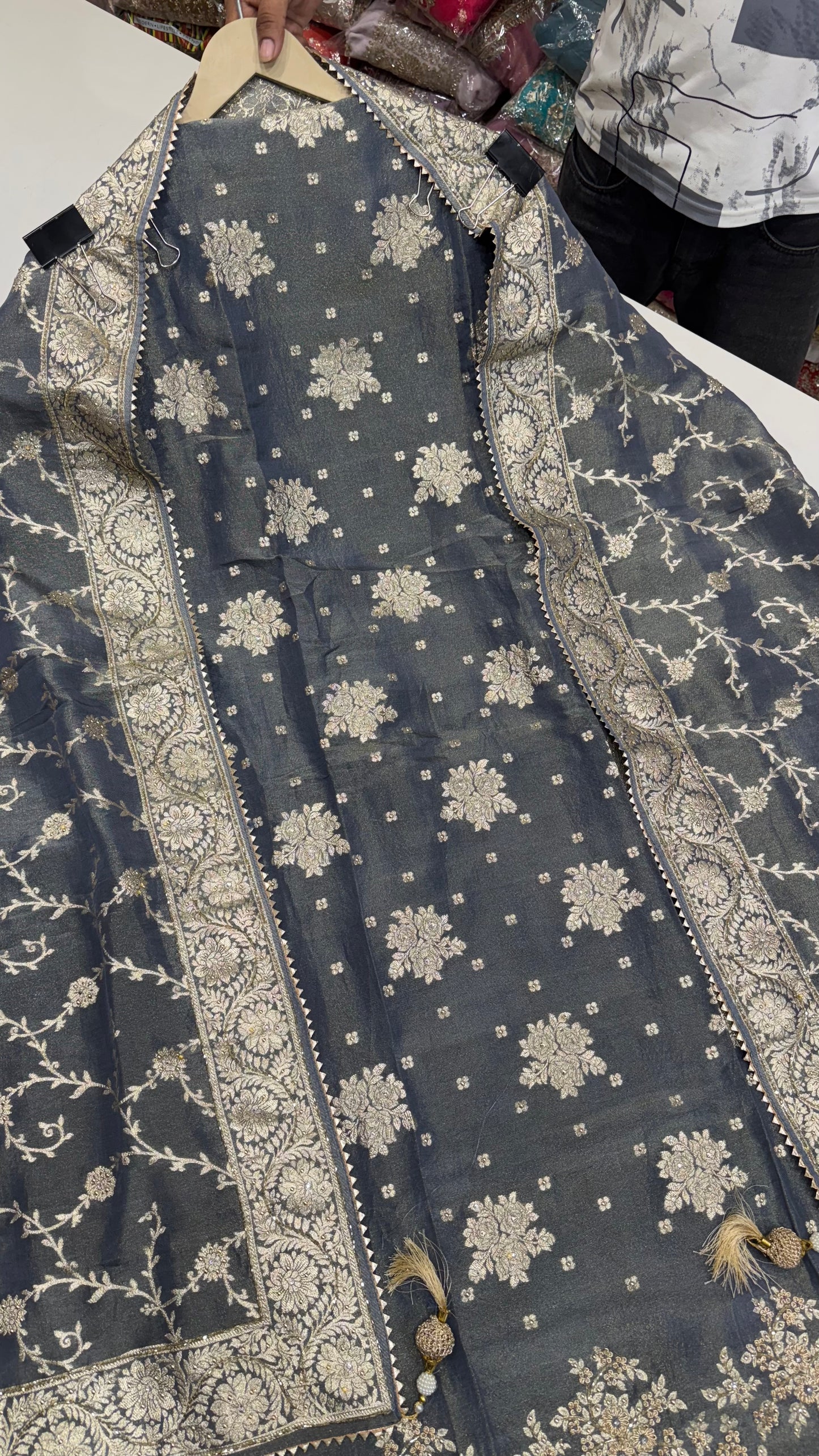 Elegant Banarasi Tissue Unstitched Suit with Dabka Embroidery