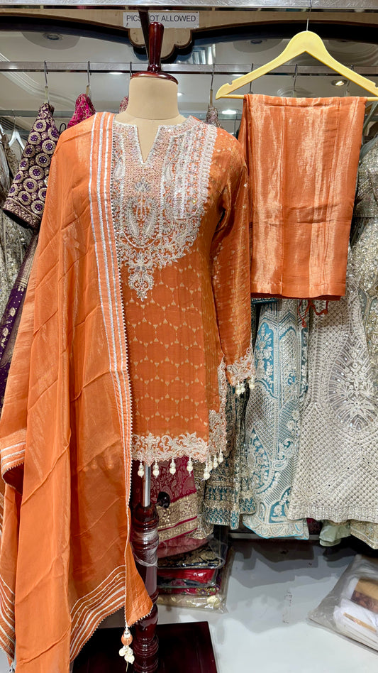 Embroidered Tissue Silk Pant Suit with Pearl Detailing – Available in Mustard & Rust