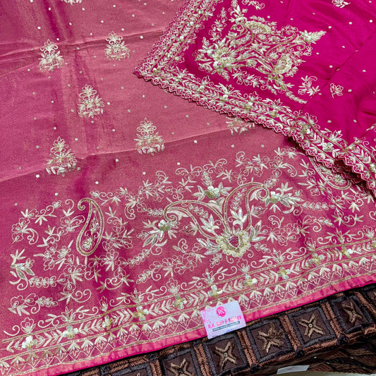Mazenta Pink Shimmer handwork fourside border dupatta suit set