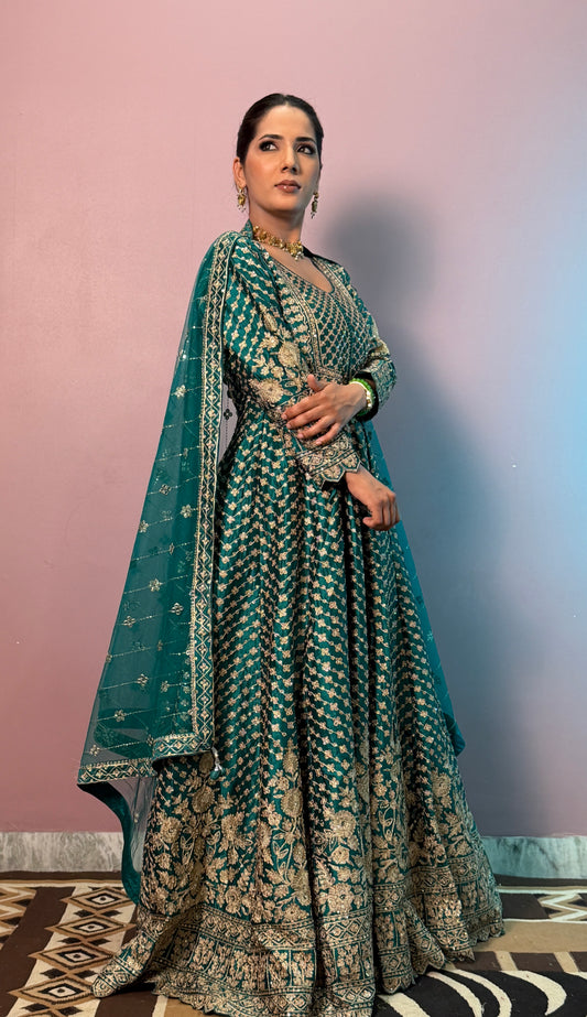 Emerald Royal Pure Silk Floor Length Anarkali Suit with Embroidered Net Dupatta