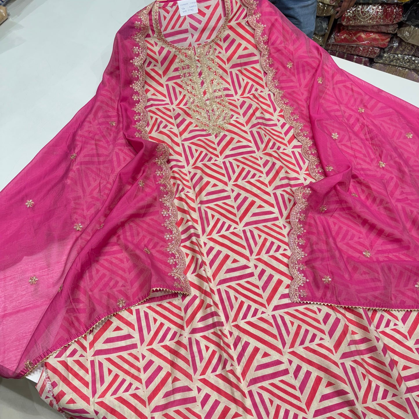 Elegant Geometric Print Modal Cotton Unstitched Suit Set with Embroidered Dupatta – Multiple Color Options ( base color is beige)