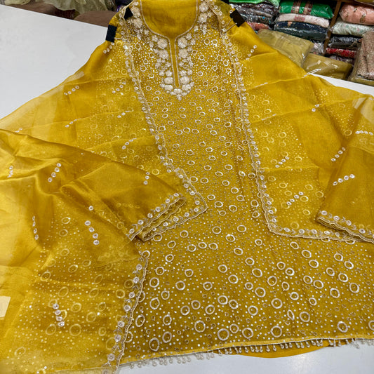 Luxury Handcrafted Glass Organza Suit with Sequins & Nalki Work | Hand-Embroidered Dupatta & Pure Crepe Bottom