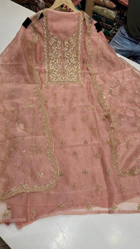 Glass Organza Unstitched Suit with Heavy Zardozi Hand Embroidery