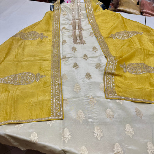 Elegant Banarasi Tissue Suit with Hand-Embroidered Neckline & Sequin Paper Silk Dupatta