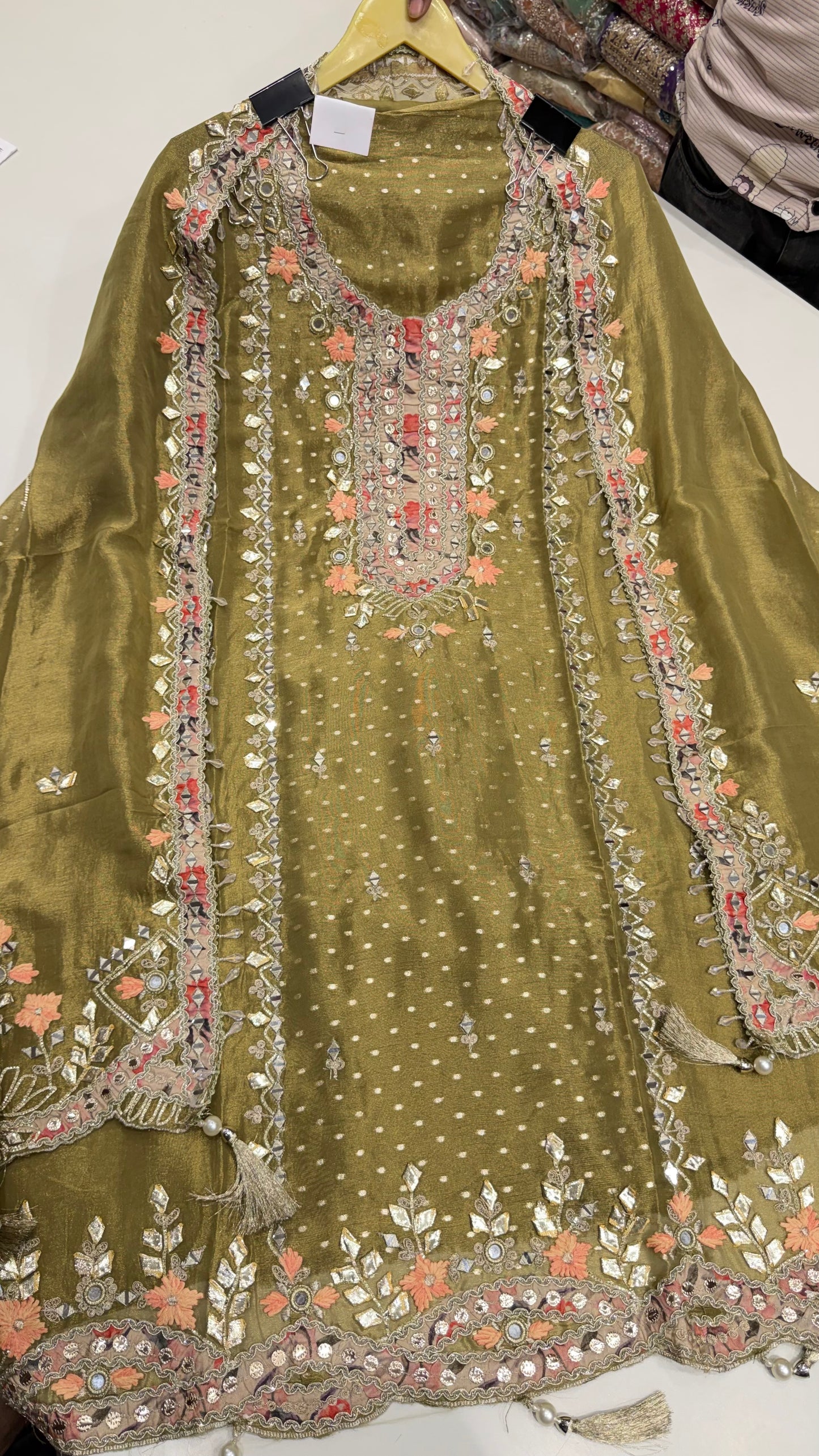 Designer Pure Shimmer Tissue Hand Embroidered Unstitched Suit