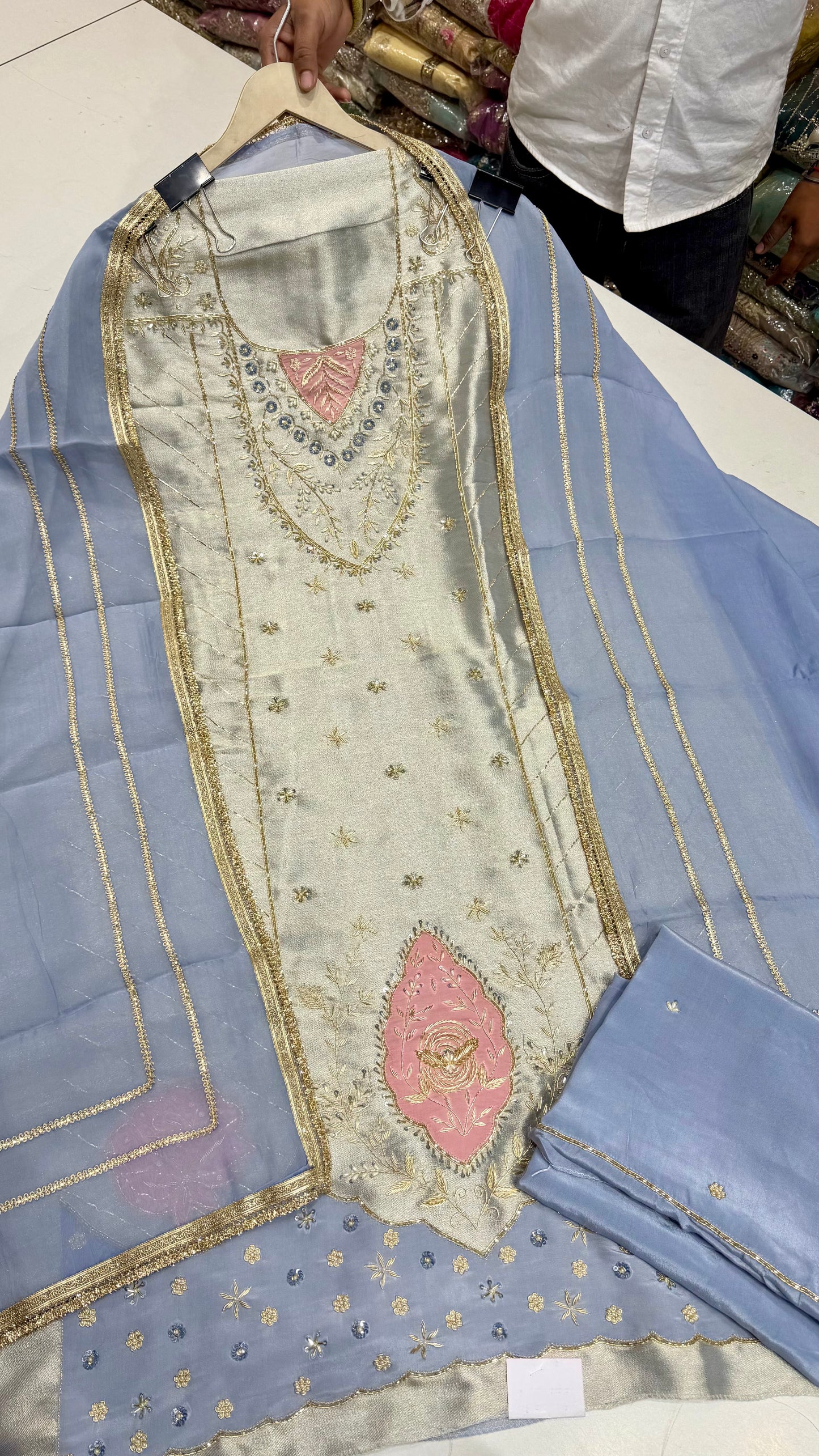 Designer Pure Shimmer Silk Unstitched Suit with Zardozi Handwork & Organza Dupatta