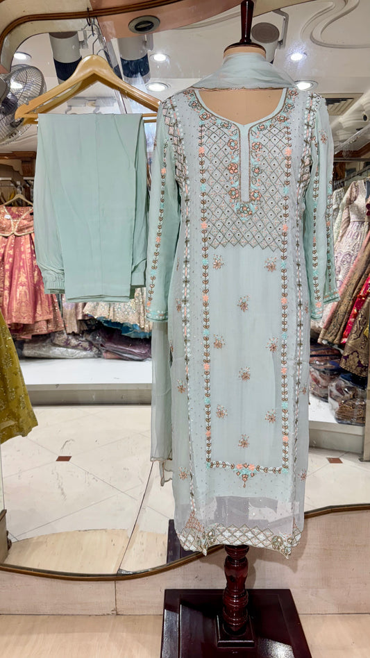 Pastel Mint Hand Embroidered Zardozi Readymade Suit – Free Size (Up to 44” Bust)