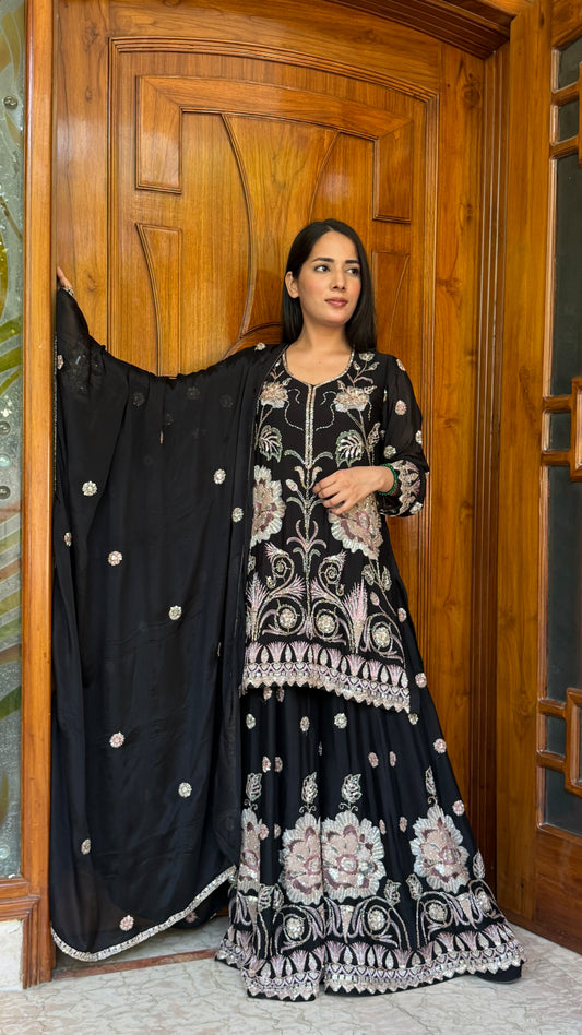 Elegance Chinon Sharara Suit Set with Hand Nakashi Embroidery