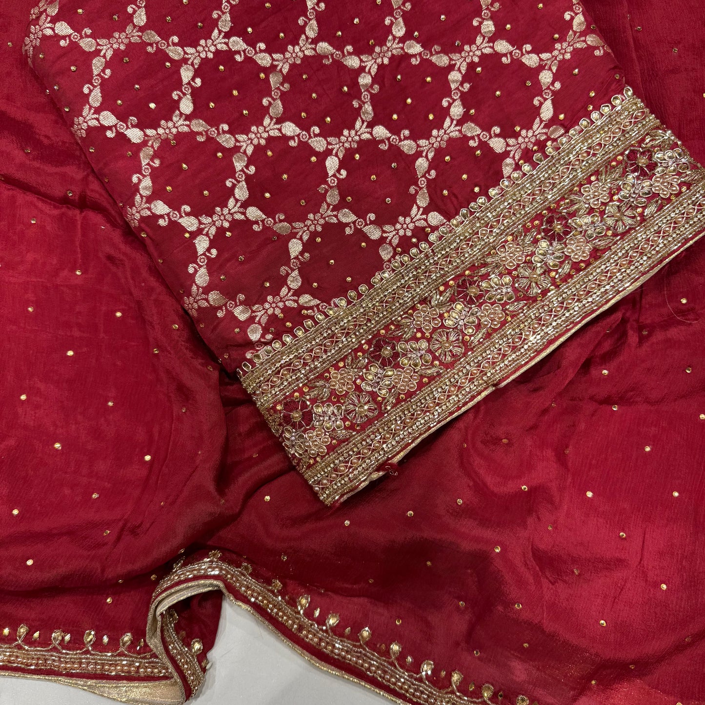 Banarsi Silk Handwork Suit set with Chinon dupatta