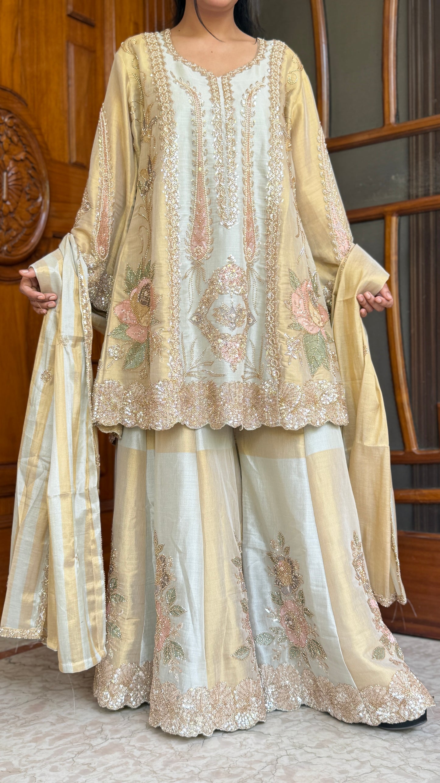 Pastel Gold A-Line Pakistani Tissue Sharara Suit Set with Hand Nakashi Work
