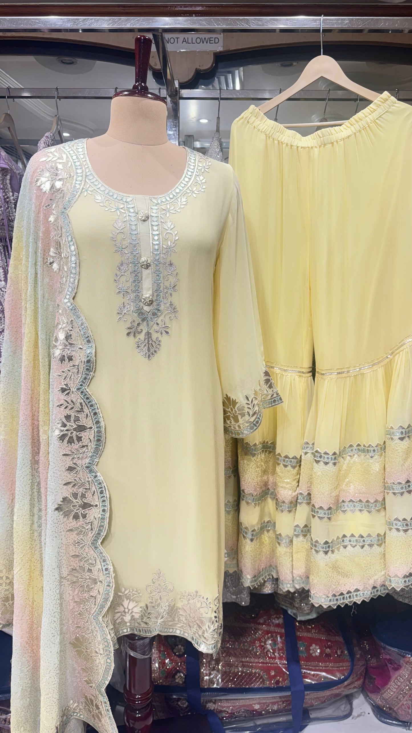 Pastel Yellow Gharara Suit with Leather Work & Multicolor Dupatta