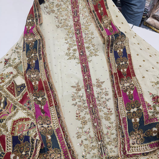 Unstitched Pure Crepe Achkan Style Suit with Zari Embroidery & Chinon Dupatta