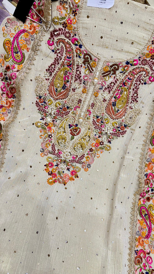 Luxury Hand Embroidered Pure Tissue Suit with Organza Dupatta & Silk Bottom
