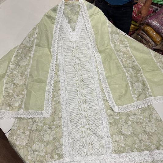 Unstitched Pure Cotton Suit with Lace Embroidery & Cotton Bottom
