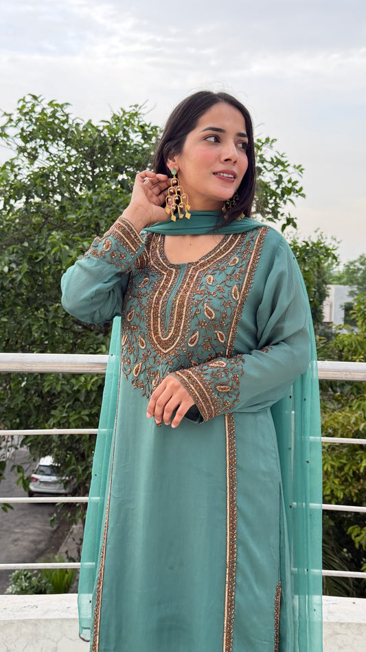 Elegant Teal Chinon Suit with Embroidered Pants & Dupatta