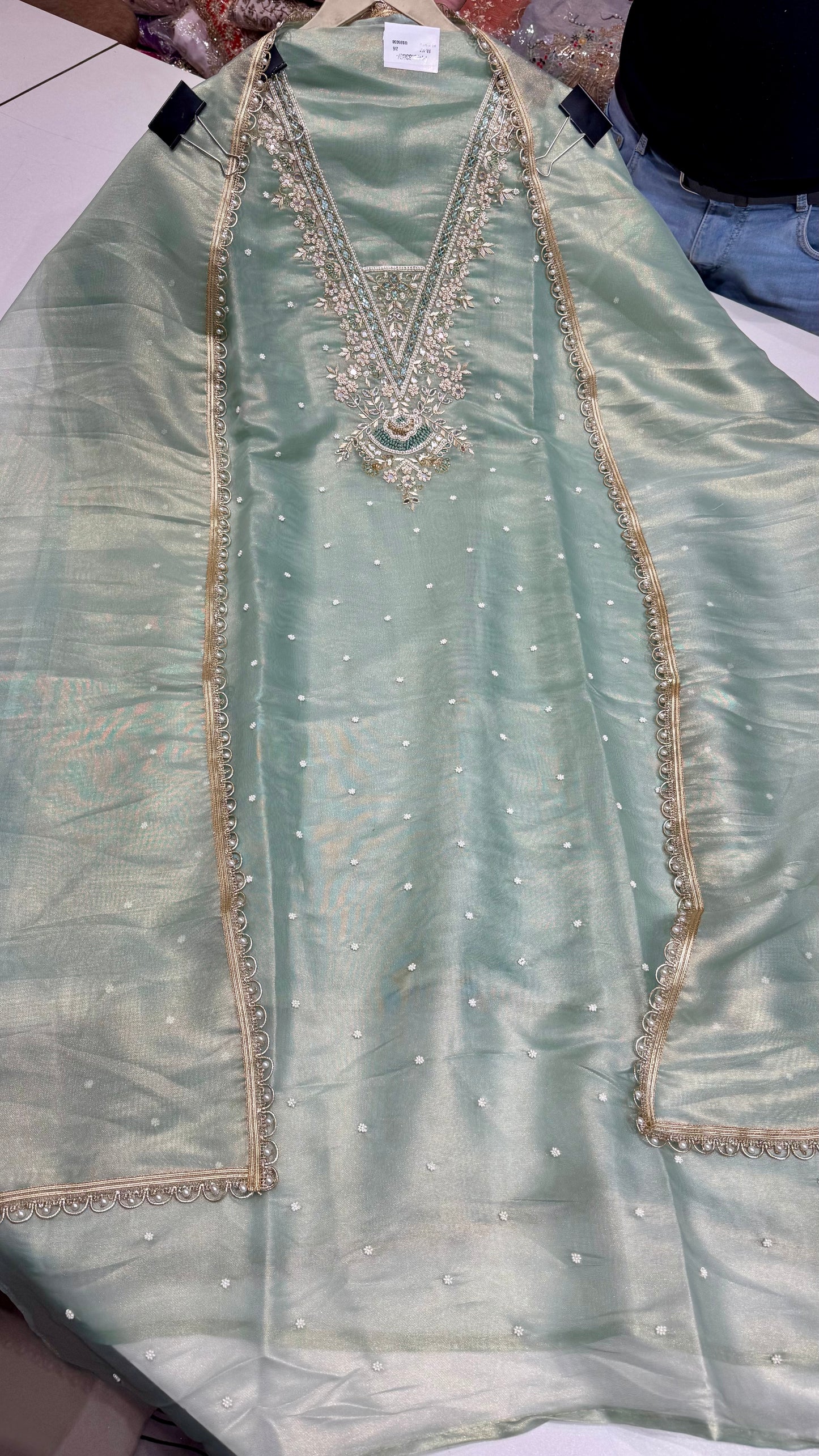 Elegant Burbery Tissue Unstitched Suit with Zardozi & Pearl Embellishments