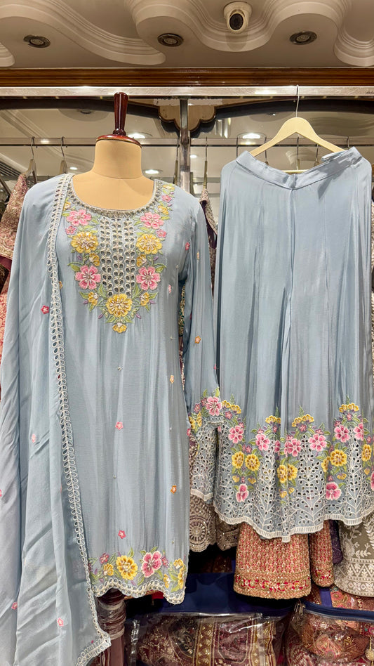 Elegant Sky Blue Pure Chinon Hand Embroidered Readymade Lehenga Suit – Free Size (Up to 44” Bust)