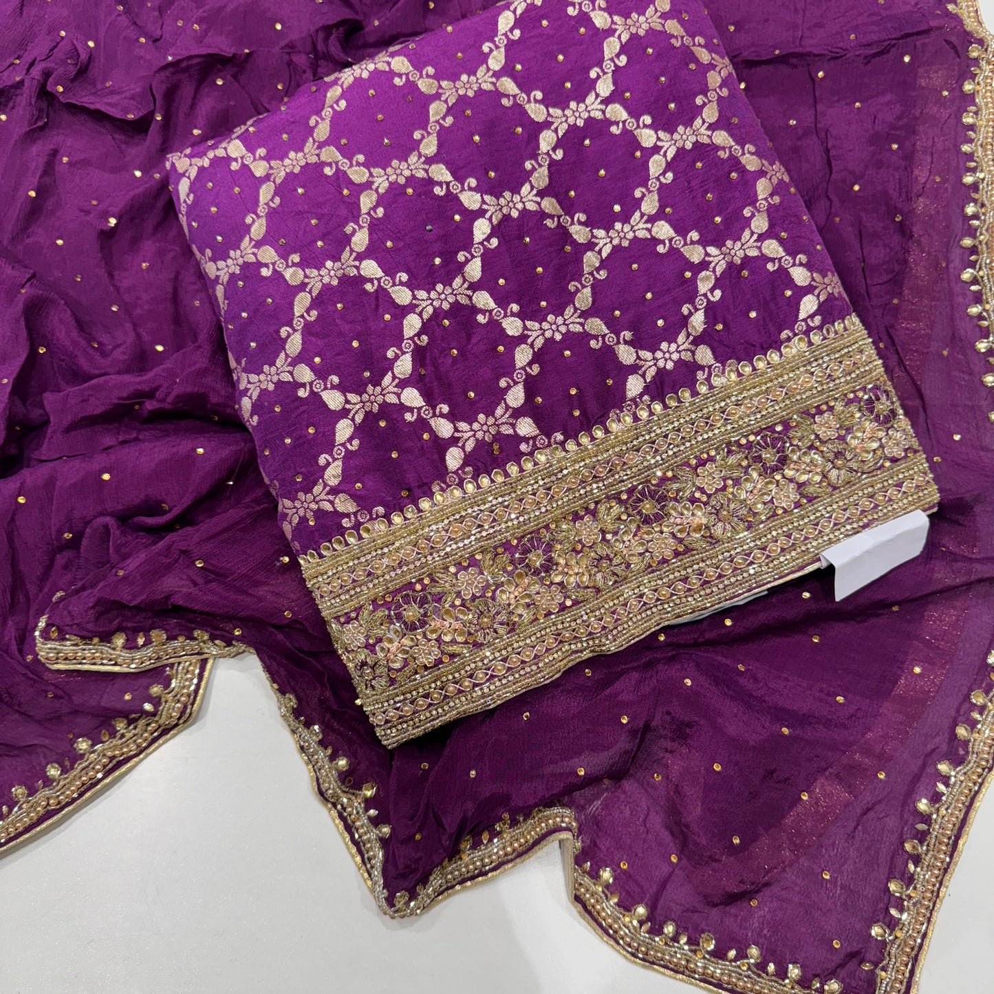 Banarsi Silk Handwork Suit set with Chinon dupatta