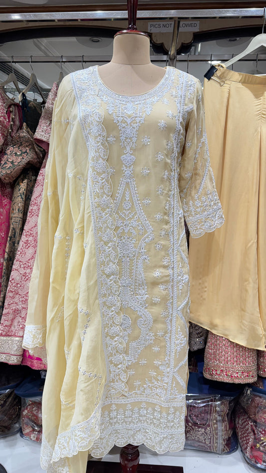 Elegant Pastel Yellow Pure Organza Lakhnavi Embroidered Readymade Suit – Free Size (Up to 44” Bust)