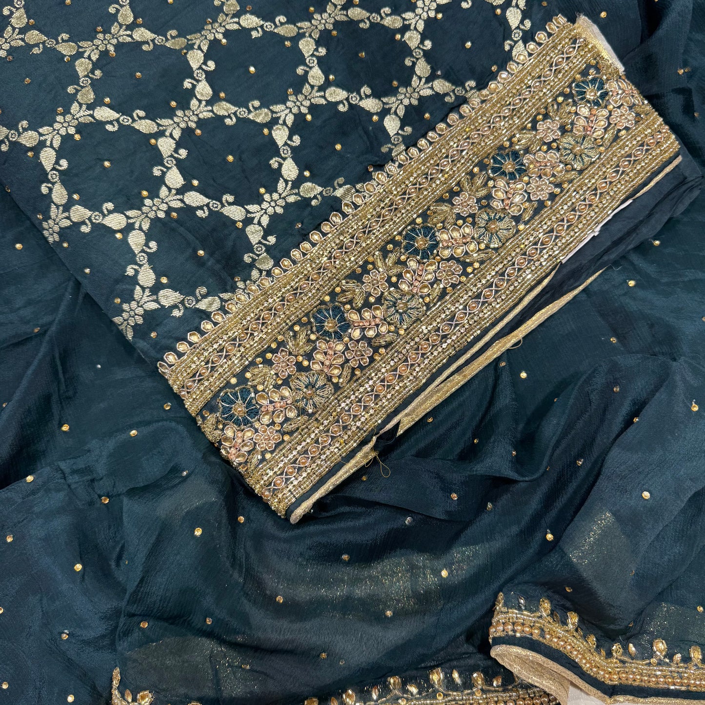 Banarsi Silk Handwork Suit set with Chinon dupatta
