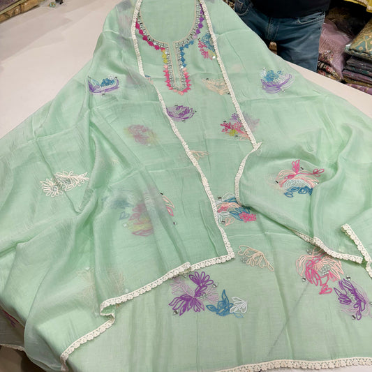 Elegant Pure Mul Mul Cotton Hand-Embroidered Suit with Mirror Work & Dupatta