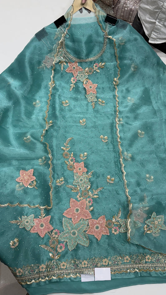✨ Luxury Pure Glass Organza Hand-Embroidered Unstitched Suit Set