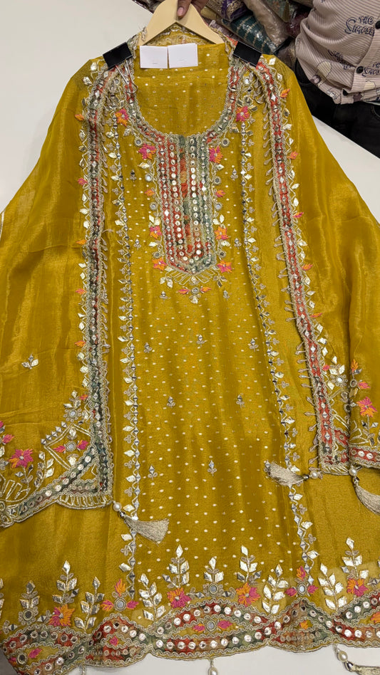 Designer Pure Shimmer Tissue Hand Embroidered Unstitched Suit