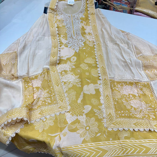 Luxury Muslin Printed Suit with Dori & Sequin Neckline and Designer Patchwork Dupatta