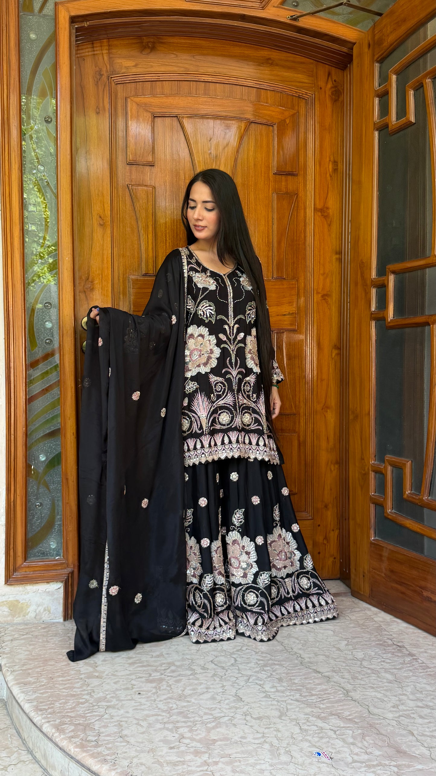 Elegance Chinon Sharara Suit Set with Hand Nakashi Embroidery