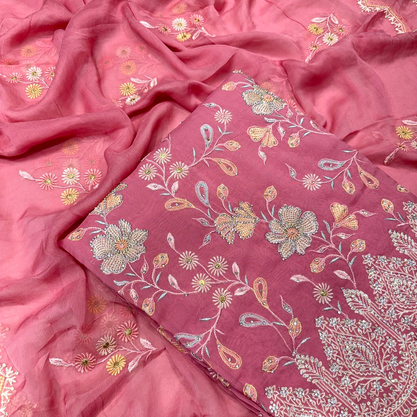 Multicolor Thread work Orgenza Suit set with chiffon dupatta