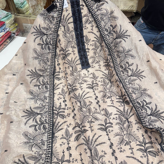 Gold Beige Papersilk black thread suit set