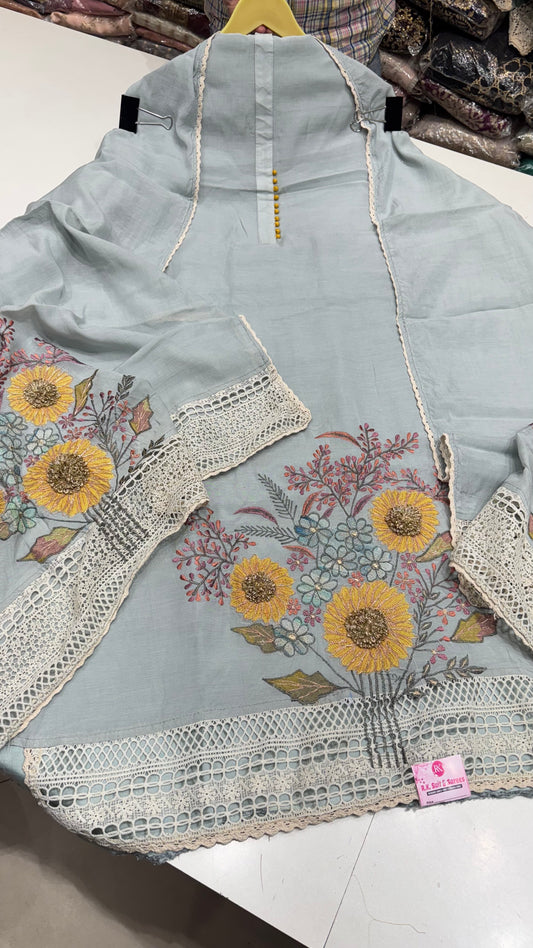 Pure Mulmul Cotton Designer Embroidered Suit Set with Mulmul Dupatta & Cotton Silk Bottom