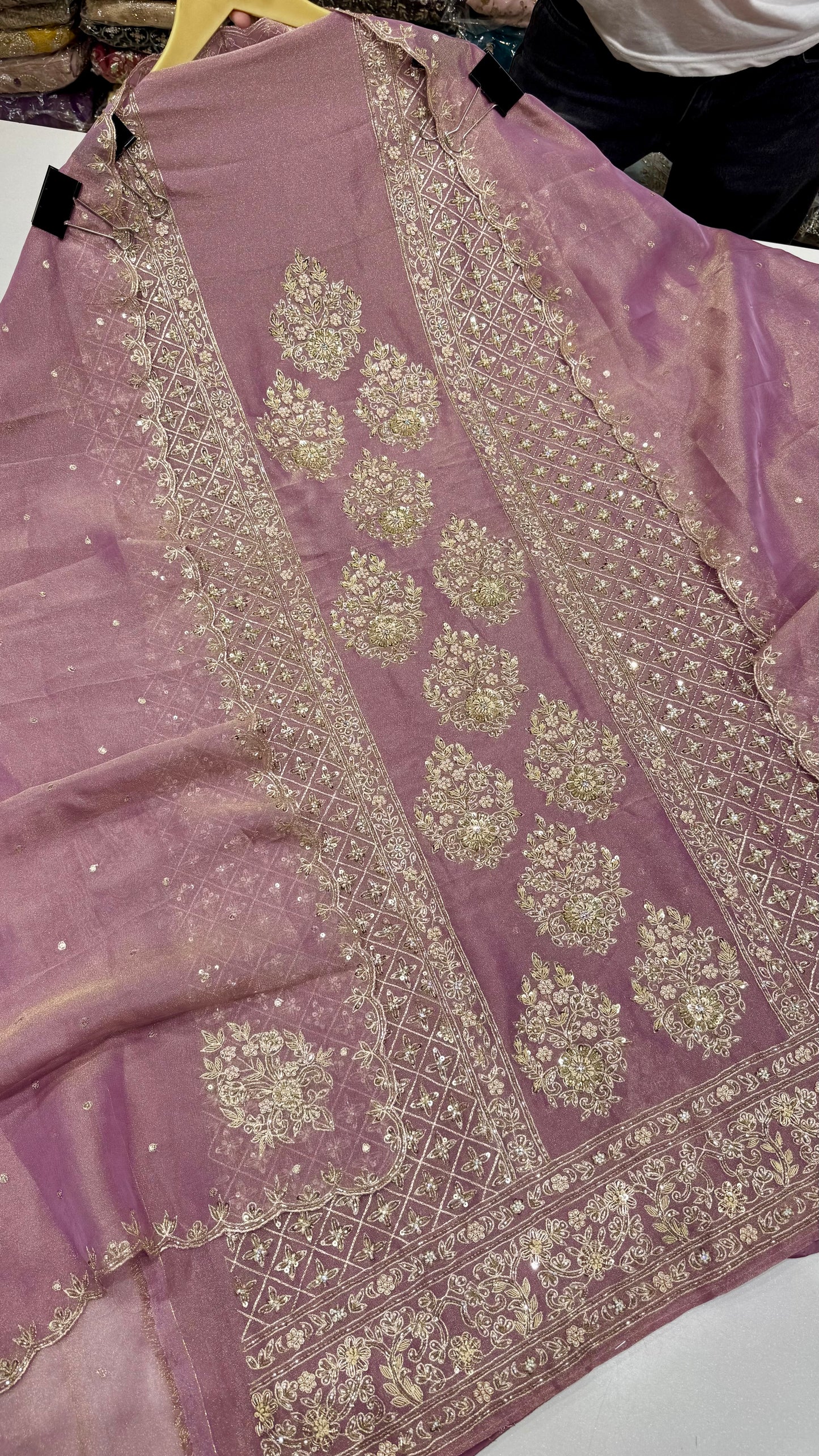 Luxury Shimmer Tissue Unstitched Suit with Zardozi, Pearls & Dabka Embroidery