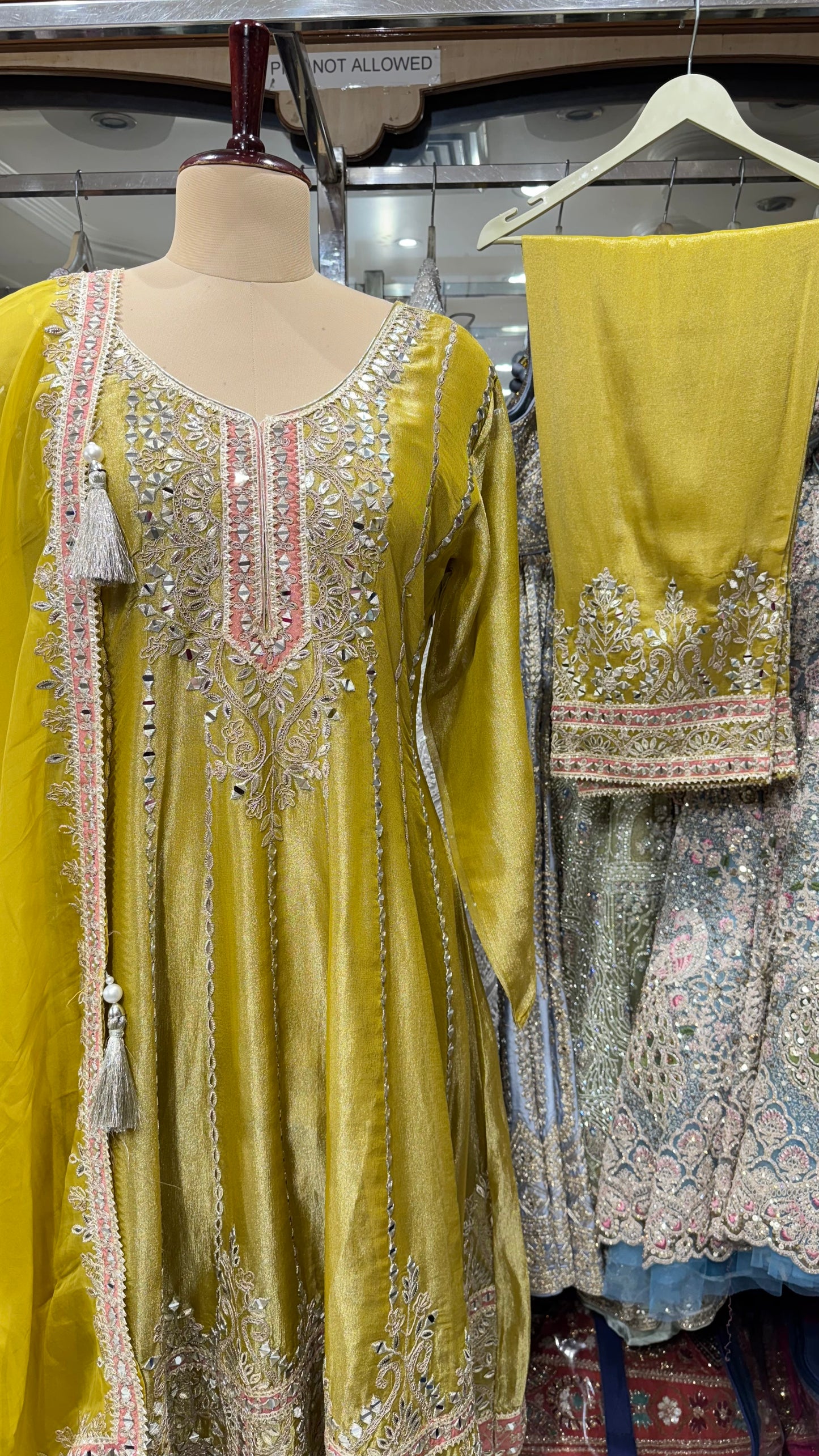 Embroidered Tissue Anarkali with Pakistani Salwar & Dupatta – Handcrafted Mirror & Zari Work