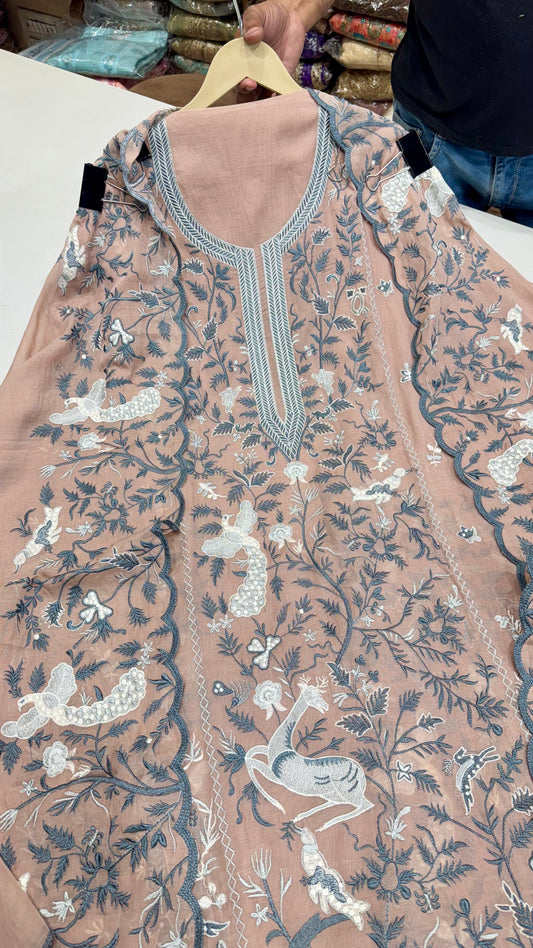 Elegant Pure Mul Cotton Embroidered Suit with Dual Border Dupatta & Cotton Bottom – 3-Piece Set