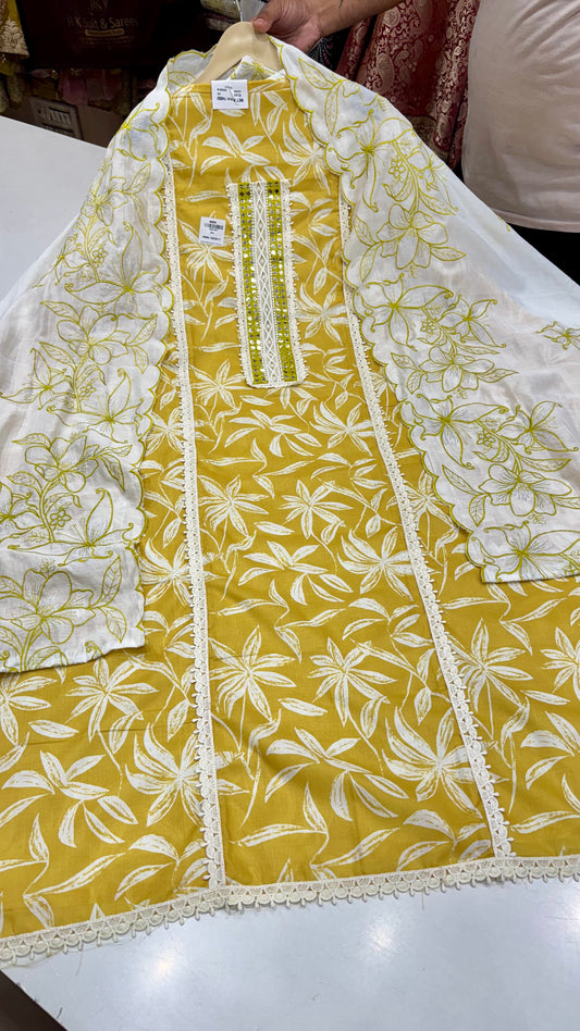 Sunshine Yellow Pure Cotton Unstitched Suit with Kalamkari Dupatta & Lace Neck