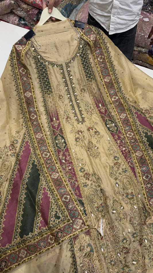 Sabyasachi Inspired Unstitched Pure Russian Silk Sabyasachi-Inspired Embroidered Suit with Heavy Crepe Bottom