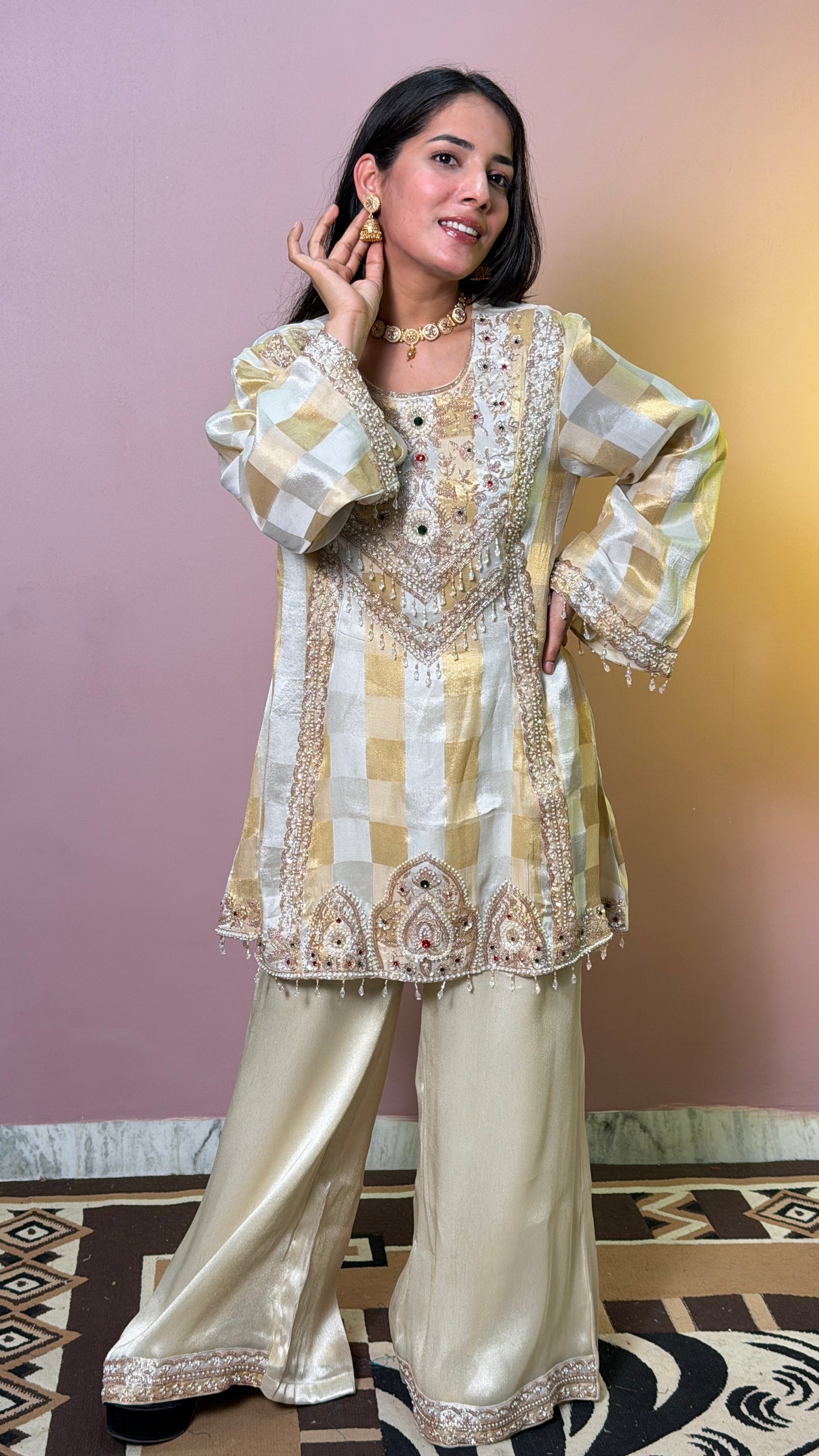 Ivory Gold Pure Tissue A-Line Anarkali with Bell Pants Set