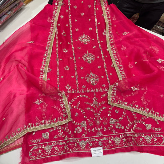 Premium Embroidered Glass Organza Suit Set with Four-Side Embellished Dupatta & Crepe Bottom