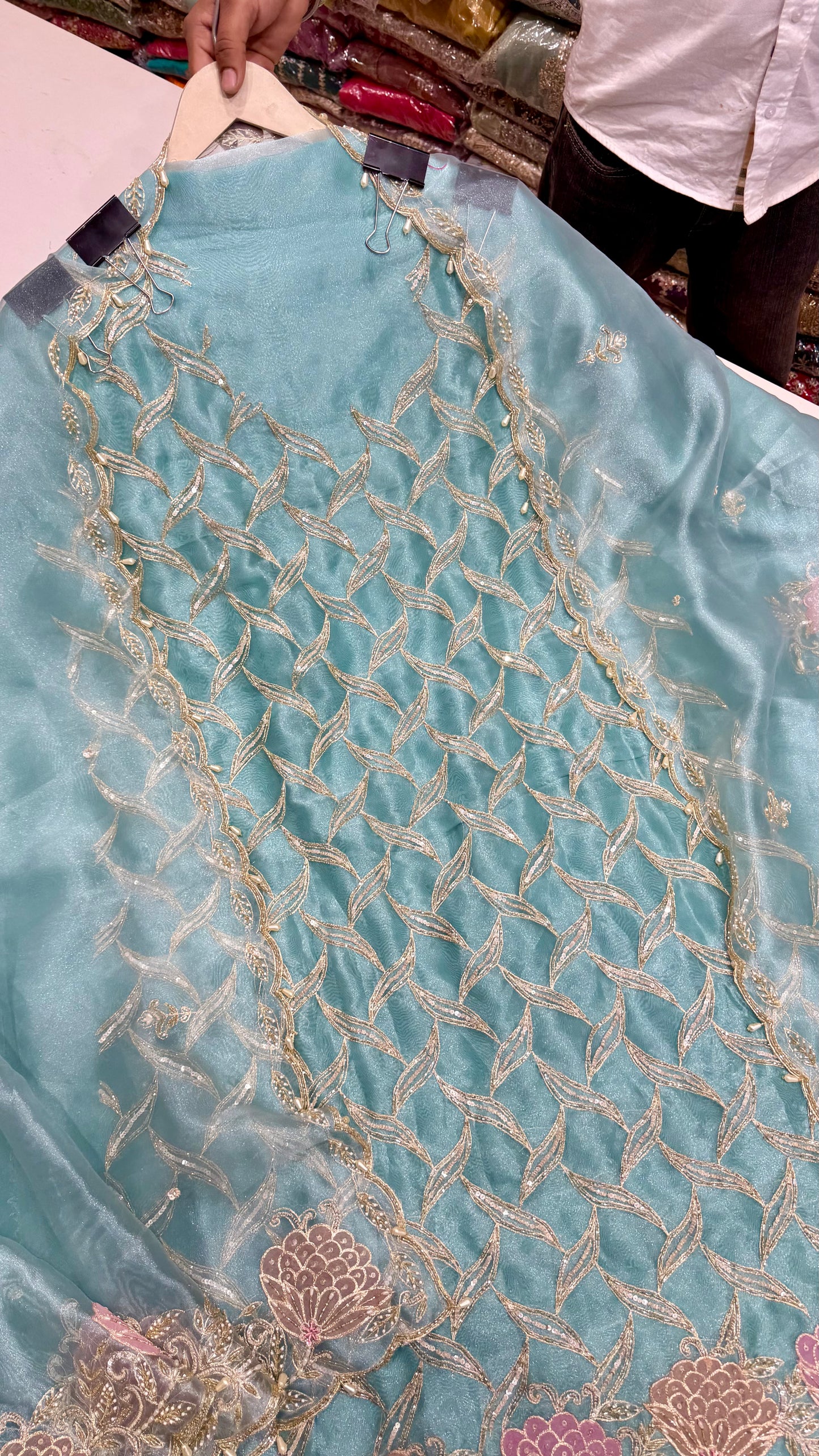 Designer Pure Glass Organza Unstitched Suit with Zardozi Handwork & Embroidered Dupatta