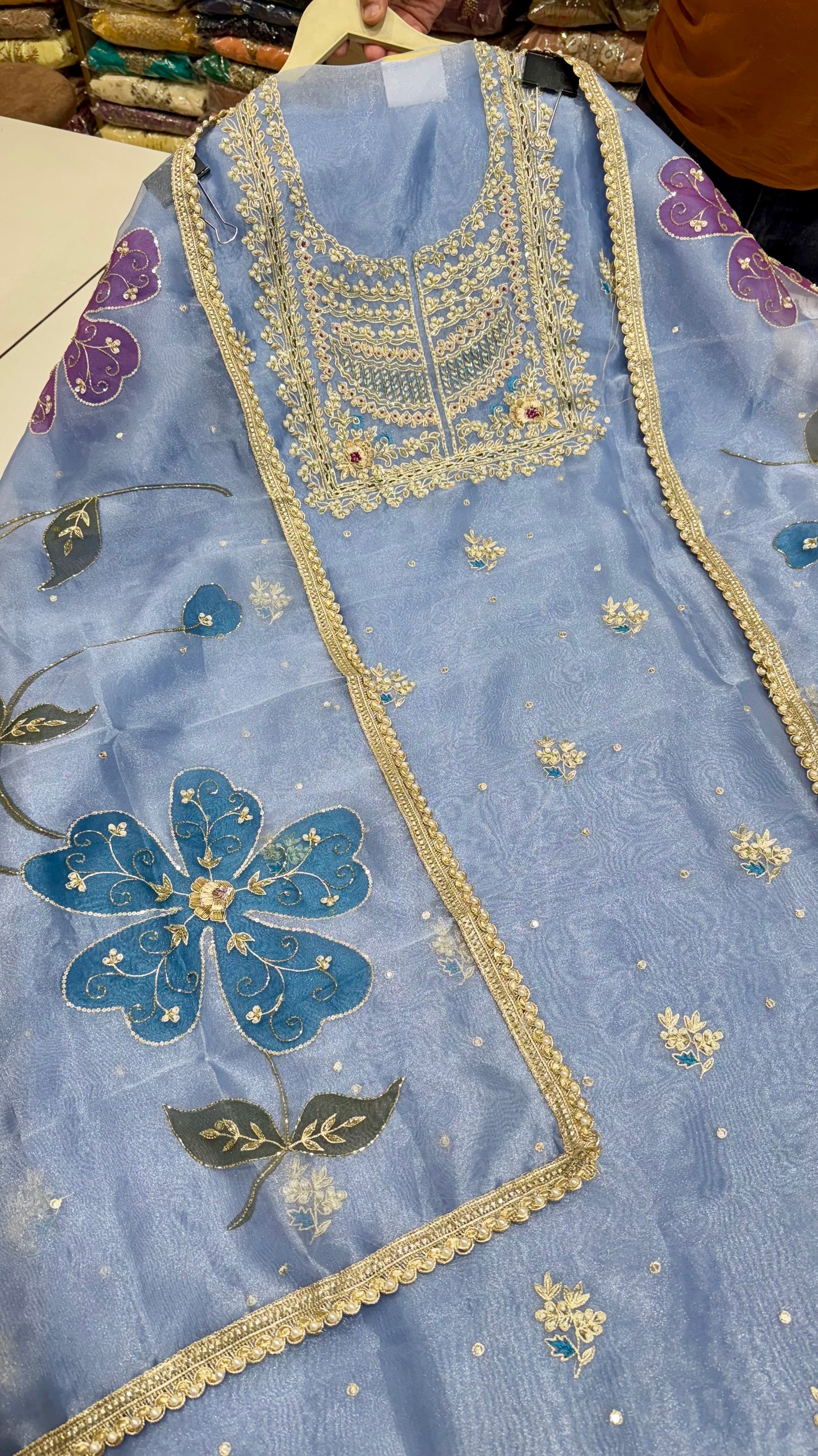 Elegant Zardozi Embroidered Unstitched Suit in Pure Glass Organza