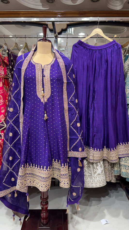 Royal Purple Embroidered Organza Anarkali Suit Set