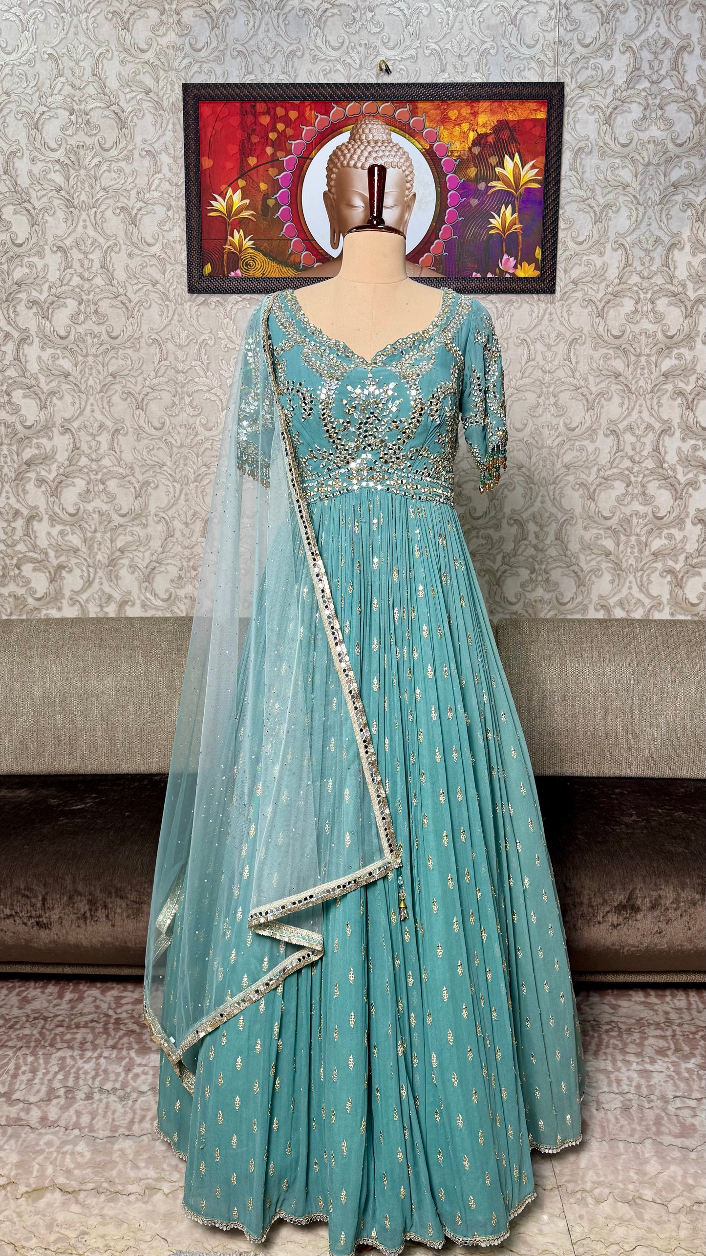 Designer Readymade Pure Georgette Floor-Length Anarkali with Net Dupatta (Free Size up to 44 Bust)