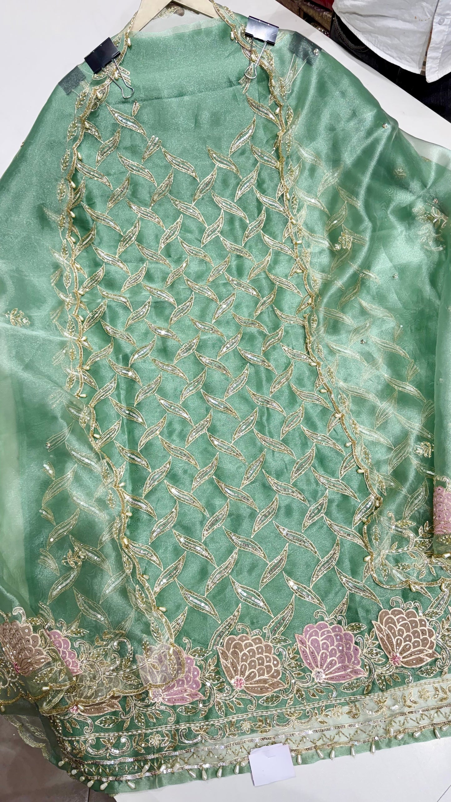 Designer Pure Glass Organza Unstitched Suit with Zardozi Handwork & Embroidered Dupatta